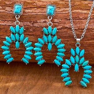 Bohemian Handmade Turquoise Necklace Dangle Earrings, Matching Set Boho